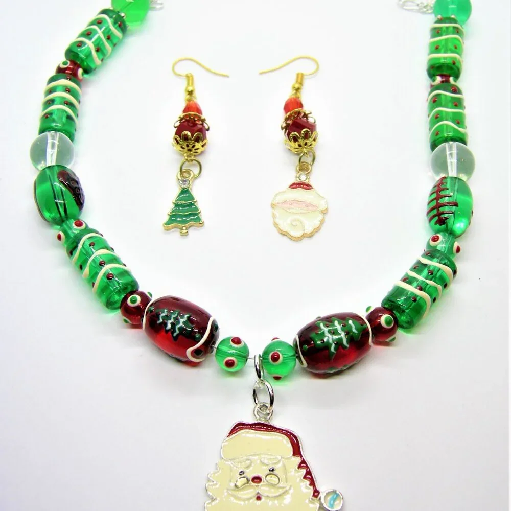 Santa Claus Pendant Necklace & Mismatched Earring Set - Picture 2 of 6